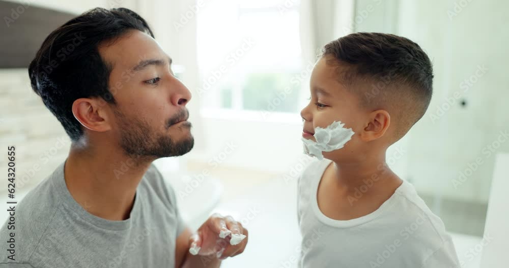 Morning, shave and father with son in bathroom for grooming, beauty and shaving cream. Skincare, love and happy with man and helping child in family home for foam, learning and cleaning together