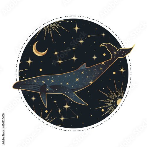 Bohemian golden whale illustration. Boho celestial and magic whale.