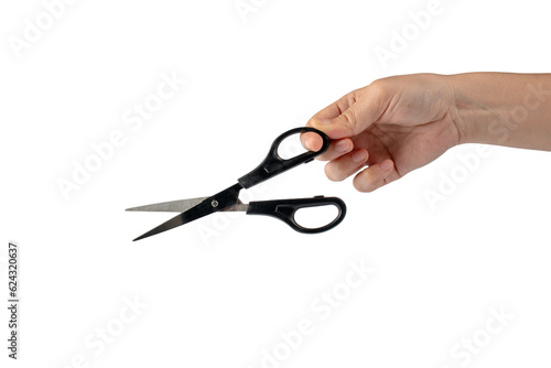 Office stationery scissors cutting in hand on transparent background