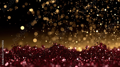 Sprinkle gold red burgundy dust on a black background in the dark,Sparkling red burgundy glitter powder on black background,christmas background,Sprinkle dust red burgundy light Christmas and happy