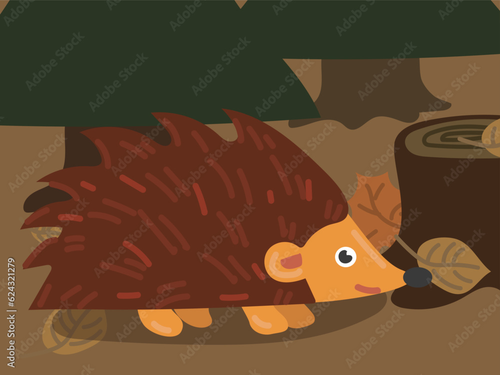 Illustration of a cartoon hedgehog in the forest. A forest world with a