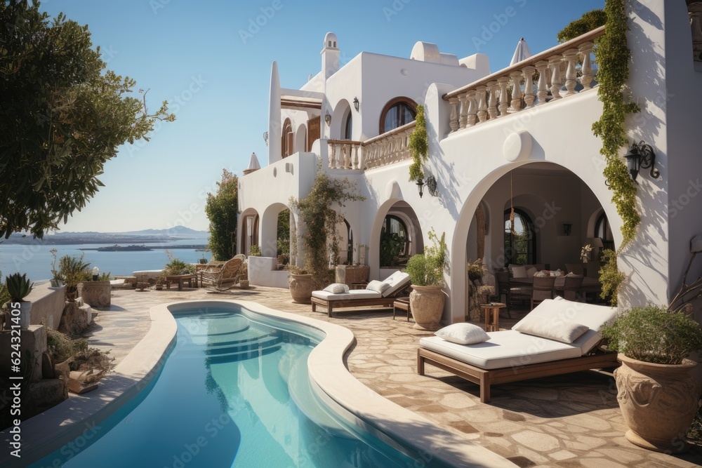 Traditional Mediterranean white house with pool on a hill with stunning sea view. Summer vacation background. Generative AI.
