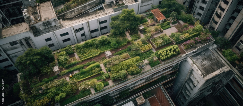 Lush rooftop garden in an urban setting with greenery.