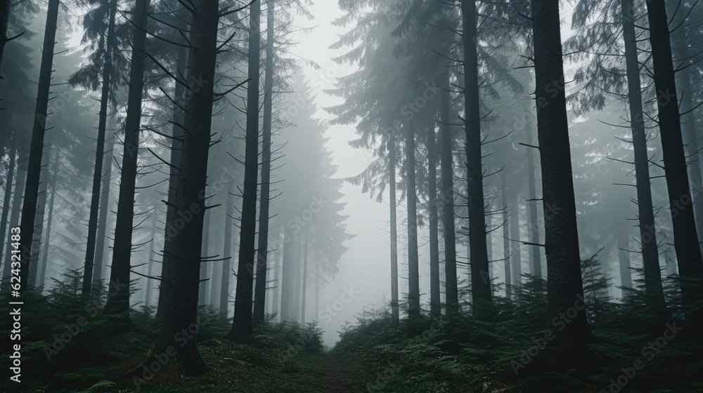 Obraz premium Tall trees in the forest in the mountains covered with the fog