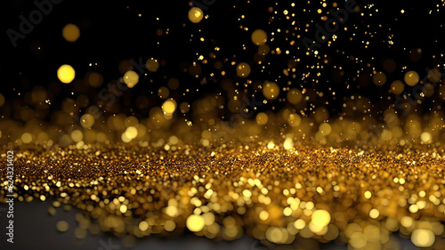 Sprinkle gold dust on a black background in the dark,Sparkling gold glitter powder on black background,christmas background,Sprinkle dust golden light Christmas and happy new year.