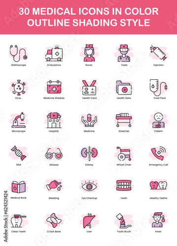 30 medical icons in color outline style with shading elements. icons of doctor, nurse, injection, paitent, health data, medicine, medicine time, shedule, hospital, microscope, and drip.