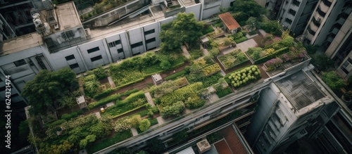 Lush rooftop garden in an urban setting with greenery.