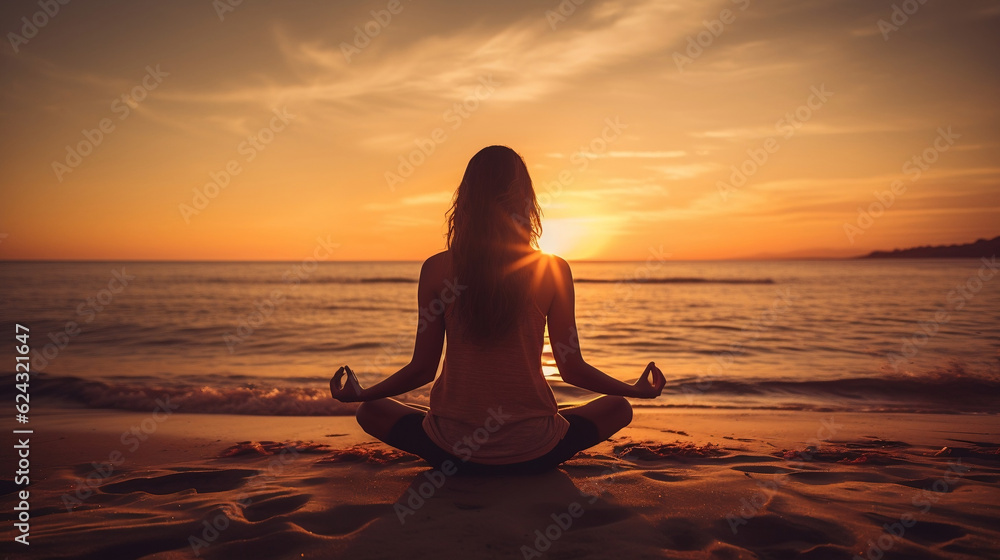 Space girl woman meditating at sunset on the seashore new quality universal colorful technology image illustration design, generative ai