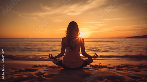 Space girl woman meditating at sunset on the seashore new quality universal colorful technology image illustration design, generative ai © Taisiia