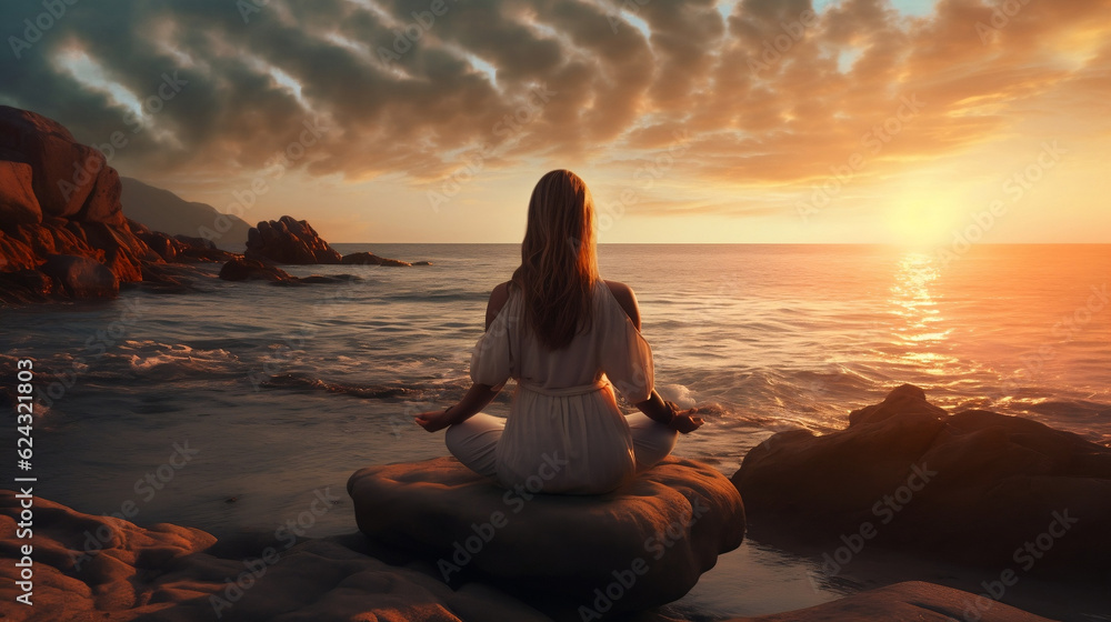 Space girl woman meditating at sunset on the seashore new quality universal colorful technology image illustration design, generative ai