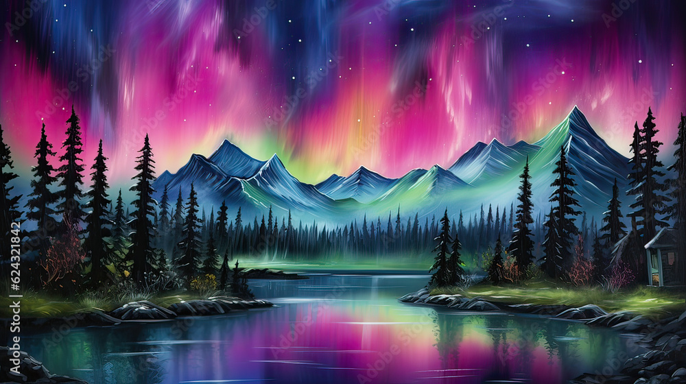 Aurora Borealis Showcase, the captivating beauty of the Northern Lights, painting the sky with a stunning array of colors and dancing lights. AI generative