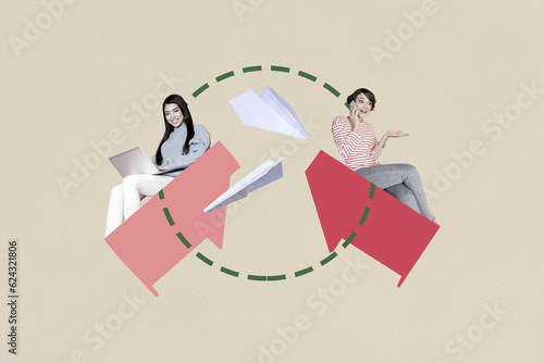 Photo sketch collage picture of happy smiling ladies communicating modern devices isolated beige color background