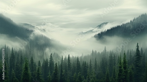 Tall trees in the forest in the mountains covered with the fog © Media Srock