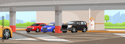 Car parking zone under overpass with three various cars parked in row. City skyscrapers view in background. Asphalt with markup. Protected and safety place for leaving vehicles. Vector illustration