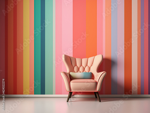 Interior colorful armchair furniture on empty wall mid century living room decoration