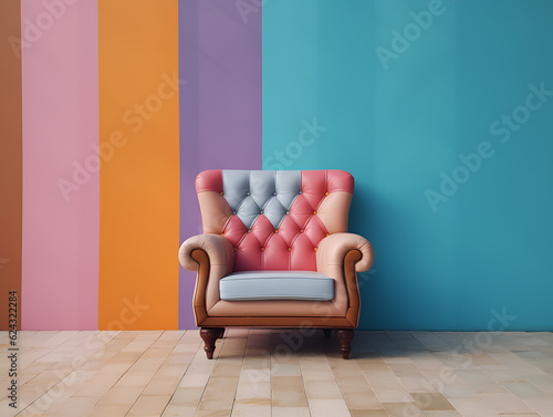 Interior colorful armchair furniture on empty wall mid century living room decoration