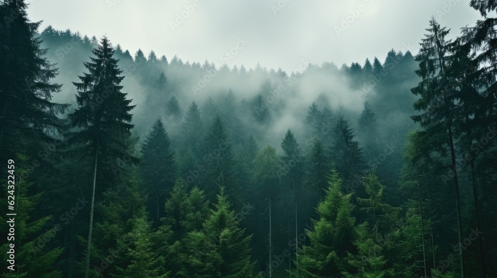 Fototapeta premium Tall trees in the forest in the mountains covered with the fog
