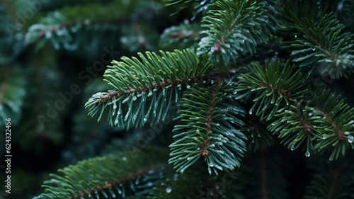 Beautiful green fir tree branches close up. Christmas and winter concept, Blurry background, template, Bokeh, Copy Space, Generative AI