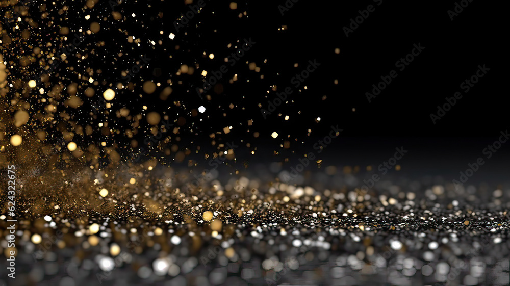 Sprinkle gold  black dust on a black background in the dark,Sparkling black  glitter powder on black background,christmas background,Sprinkle dust black light Christmas and happy new year.