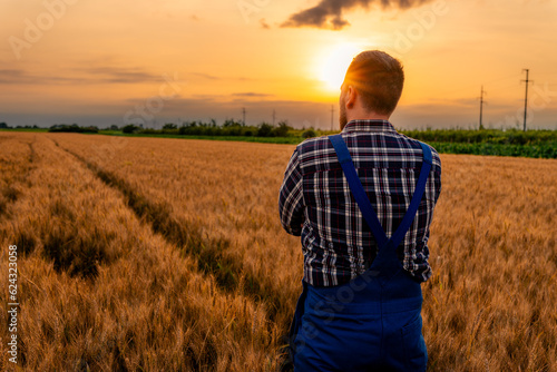 The farmer poses for a photo in the wheat field, proud of his hard work and the bountiful harvest. The golden wheat surrounds him, creating a picturesque backdrop for the photograph.