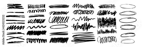 Charcoal scribble stripes and bold paint shapes. Children's crayon or marker doodle rouge handdrawn scratches. Vector illustration of horizontal waves, squiggles in marker sketch style.   photo