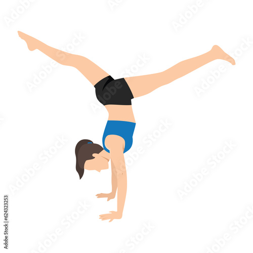 Woman doing Yoga in handstand split pose exercise. Flat vector illustration isolated on white background