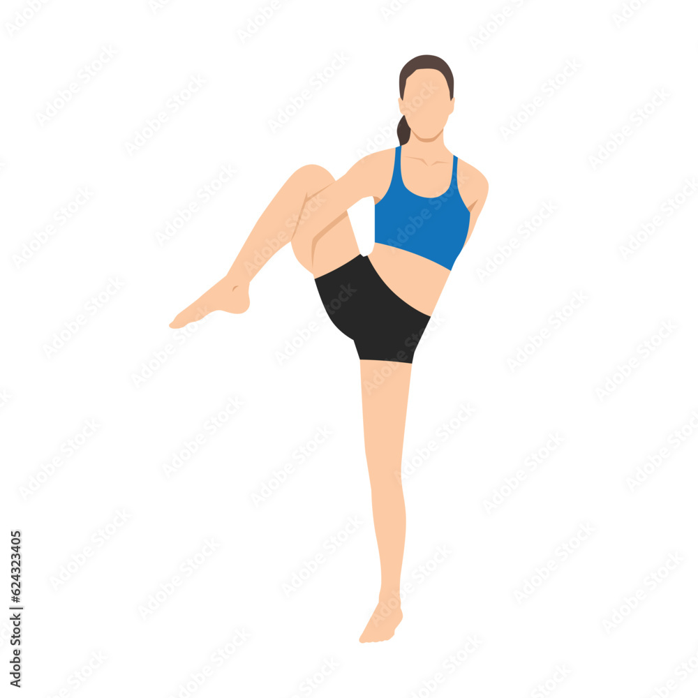 Woman doing Yoga in Bird of paradise pose exercise. Flat vector illustration isolated on white background Woman doing Yoga in Bird of paradise pose exercise. Flat vector illustration isolated on white background