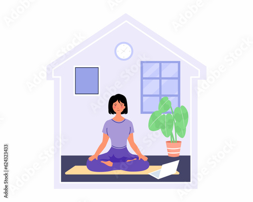 Woman doing yoga at home for Healthy lifestyle and home yoga concept in interior