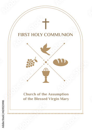 flat design artwork features a golden frame with symbolic elements for First Communion. Chalice, grapes, bread, and dove symbolize the sacrament. for religious ceremonies and Christian-themed projects