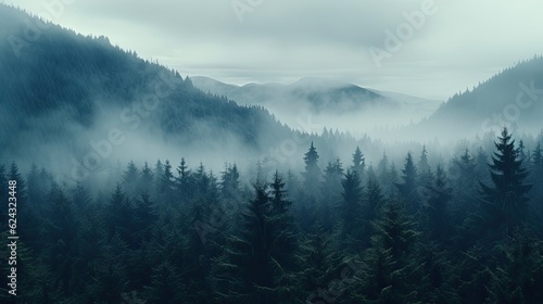 Tall trees in the forest in the mountains covered with the fog photo