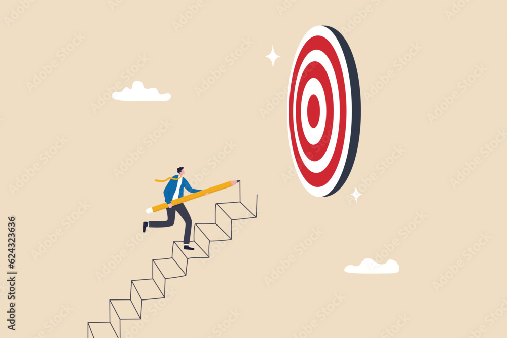 Build stair to reach target, career success or progress to achievement, business goal or future succeed, effort to grow career path concept, businessman use pencil to draw stair step to reach success. - obrazy, fototapety, plakaty 