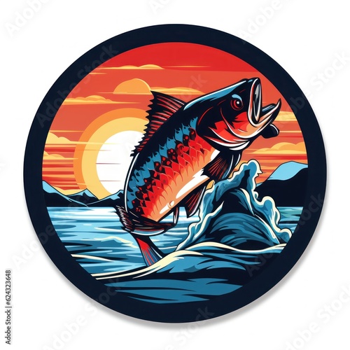 Reel in Excitement: Fishing Round Sticker Logo on White Background, Generative AI