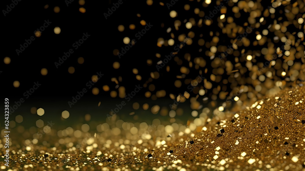 Sprinkle gold  green dust on a green background in the dark,Sparkling green  glitter powder on green background,christmas background,Sprinkle dust green light Christmas and happy new year.
