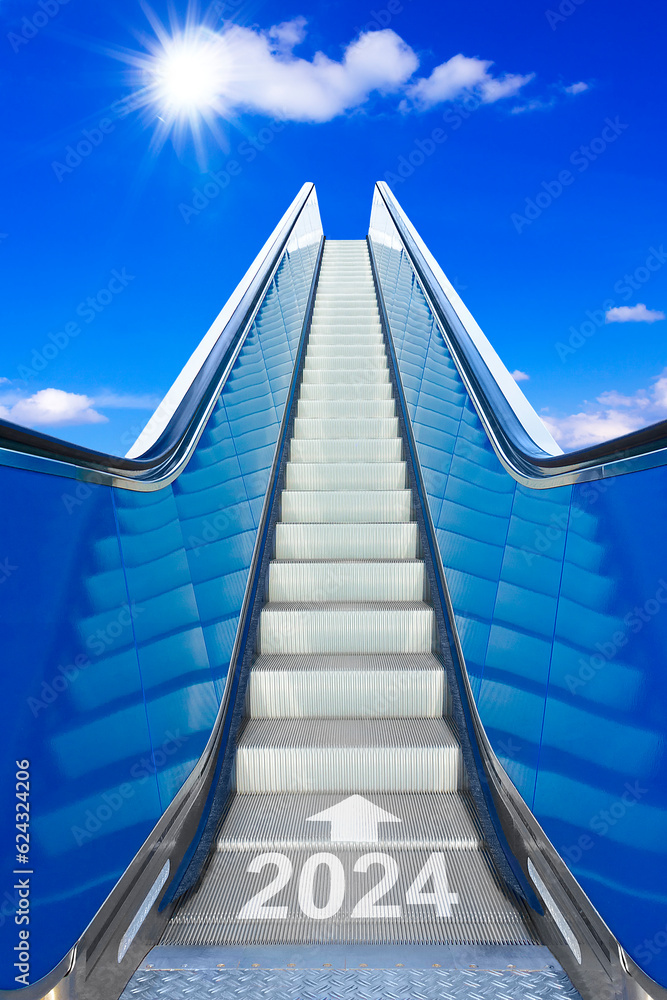 Foto de New Year 2024 going straight up text 2024 written on escalator