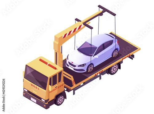 Cartoon tow truck. Assistance on road. Auto service. Car accident, crash. Breakdown and recovery on the way. Wrecker crane. City evacuator. Isolated on white background. Isometric vector illustration