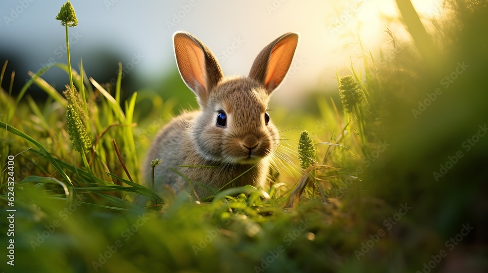 Fototapeta premium Cute little bunny in grass with ears up looking away Generative AI