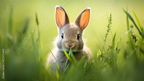 Cute little bunny in grass with ears up looking away Generative AI © Suleyman