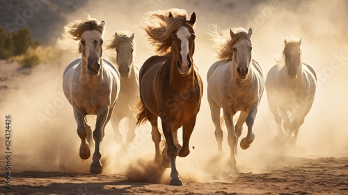Horses with long mane portrait run gallop in desert dust Generative AI