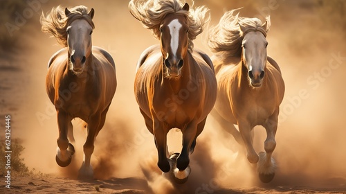 Horses with long mane portrait run gallop in desert dust Generative AI