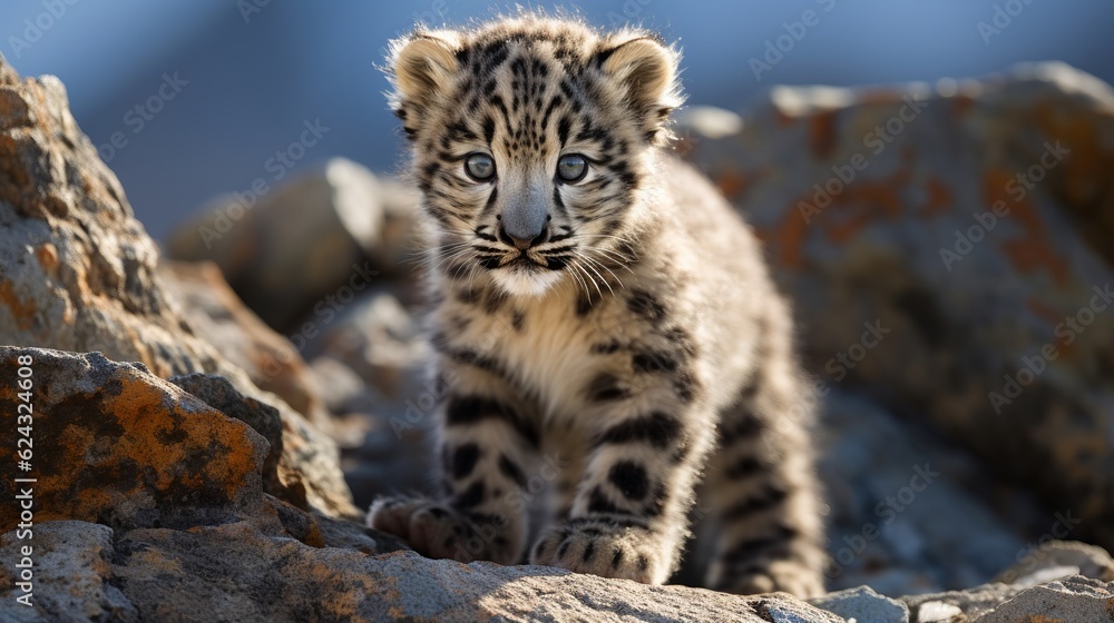 Single snow leopard cub prowling on rocky surface Generative AI Single snow leopard cub prowling on rocky surface Generative AI
