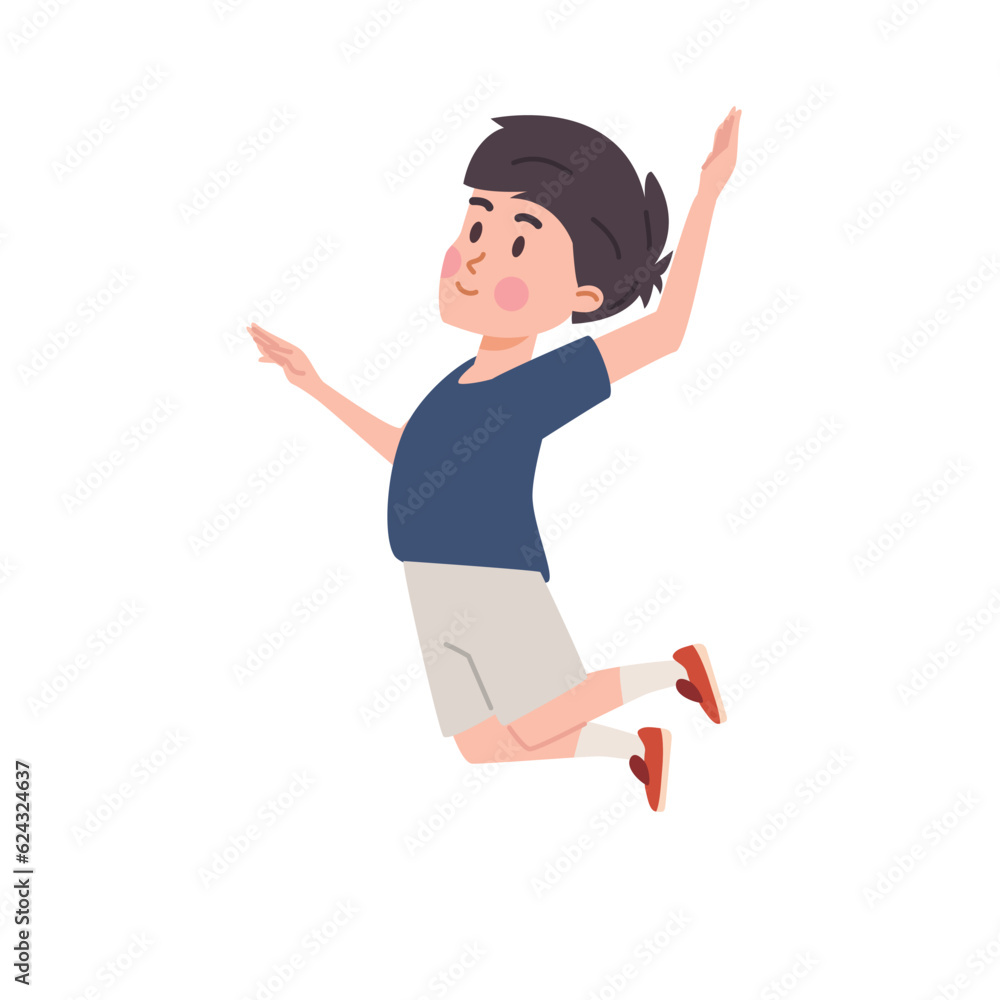 Fototapeta premium Cartoon boy volleyball player in sportswear jumps and reaches out to hit the ball, play sport game vector illustration