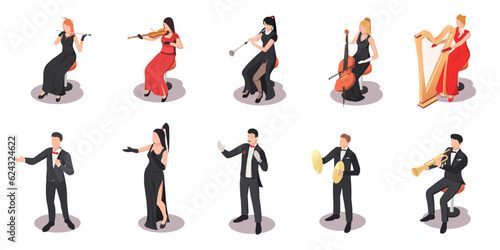 Musician playing music, various musical instrument, orchestra, classic costume, woman, man, violin, vocalist, saxophone, singer, cymbals. Isolated on white background. Isometric vector illustration