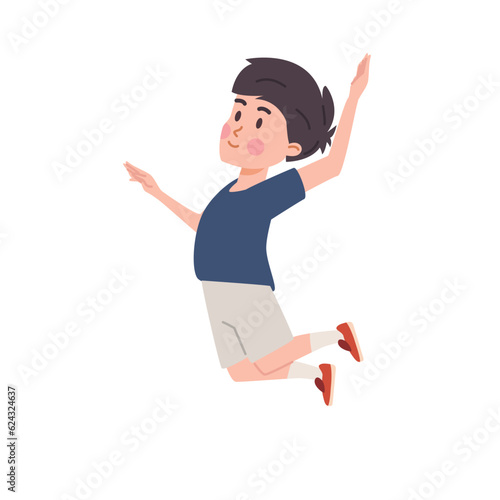 Cartoon boy volleyball player in sportswear jumps and reaches out to hit the ball, play sport game vector illustration