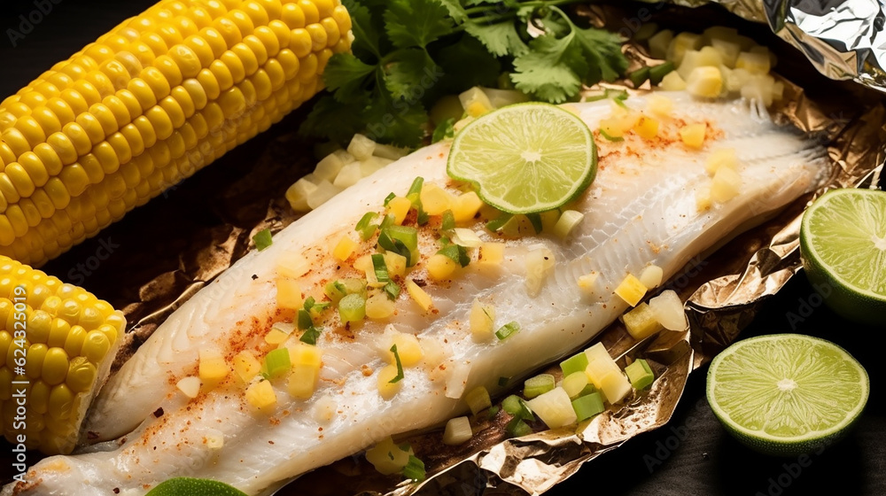 Generative AI image of steamed honeylime tilapia with corn Tender