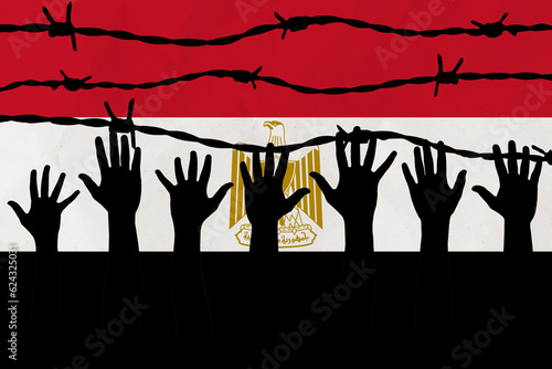 Egypt flag behind barbed wire fence. Group of people hands. Freedom and propaganda concept