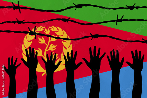 Photos Eritrea flag behind barbed wire fence
