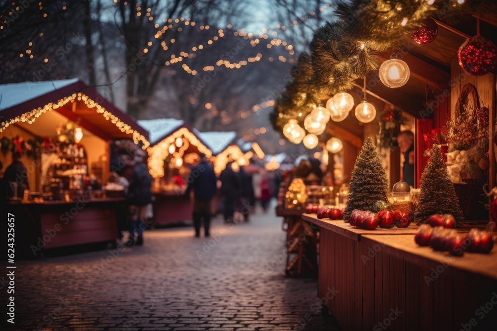 charming Christmas market. Created with generative AI technology. - obrazy, fototapety, plakaty 
