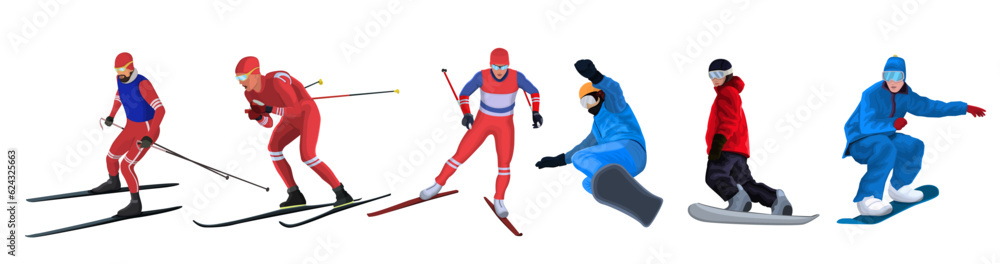 Set of skier, snowboarder, ski, activity. Snow sport, winter extreme recreation, action lifestyle. Slalom, jump, athlete, equipment, freestyle. Isolated on white background. Vector illustration