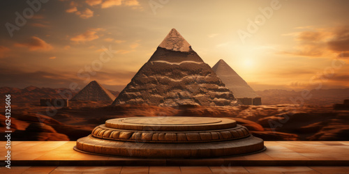 Ancient stone product display podium with pyramids background. Generative AI