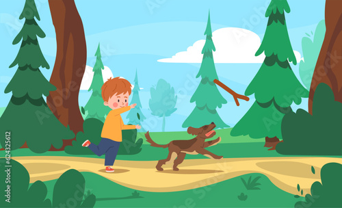 Fototapeta Naklejka Na Ścianę i Meble -  Boy threw stick to the dog, child training little puppy, playing together in the forest on the lawn vector illustration